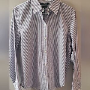 Ralph Lauren Women's No Iron Purple, Gray and White Striped Dress Shirt. Sz L